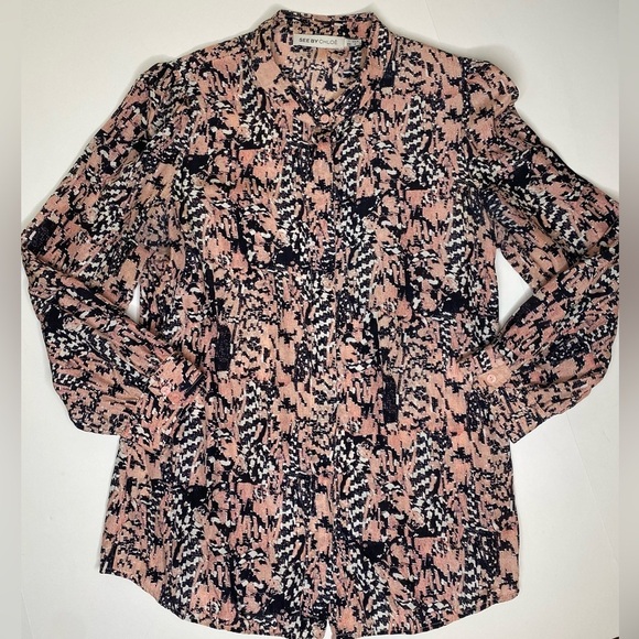 See by Chloe Silk Abstract Long Sleeve Button Down Blouse Sz 4 - Picture 1 of 10